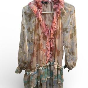 Chic Women's Fairy Floral Sheer Ruffle Blouse - Multicolor